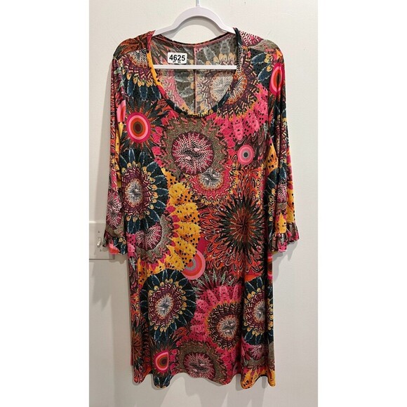 Swim Coverup Multicolor Trapeze & Swing Dress Lantern Scoop Neck Pullover Flare - Picture 6 of 13